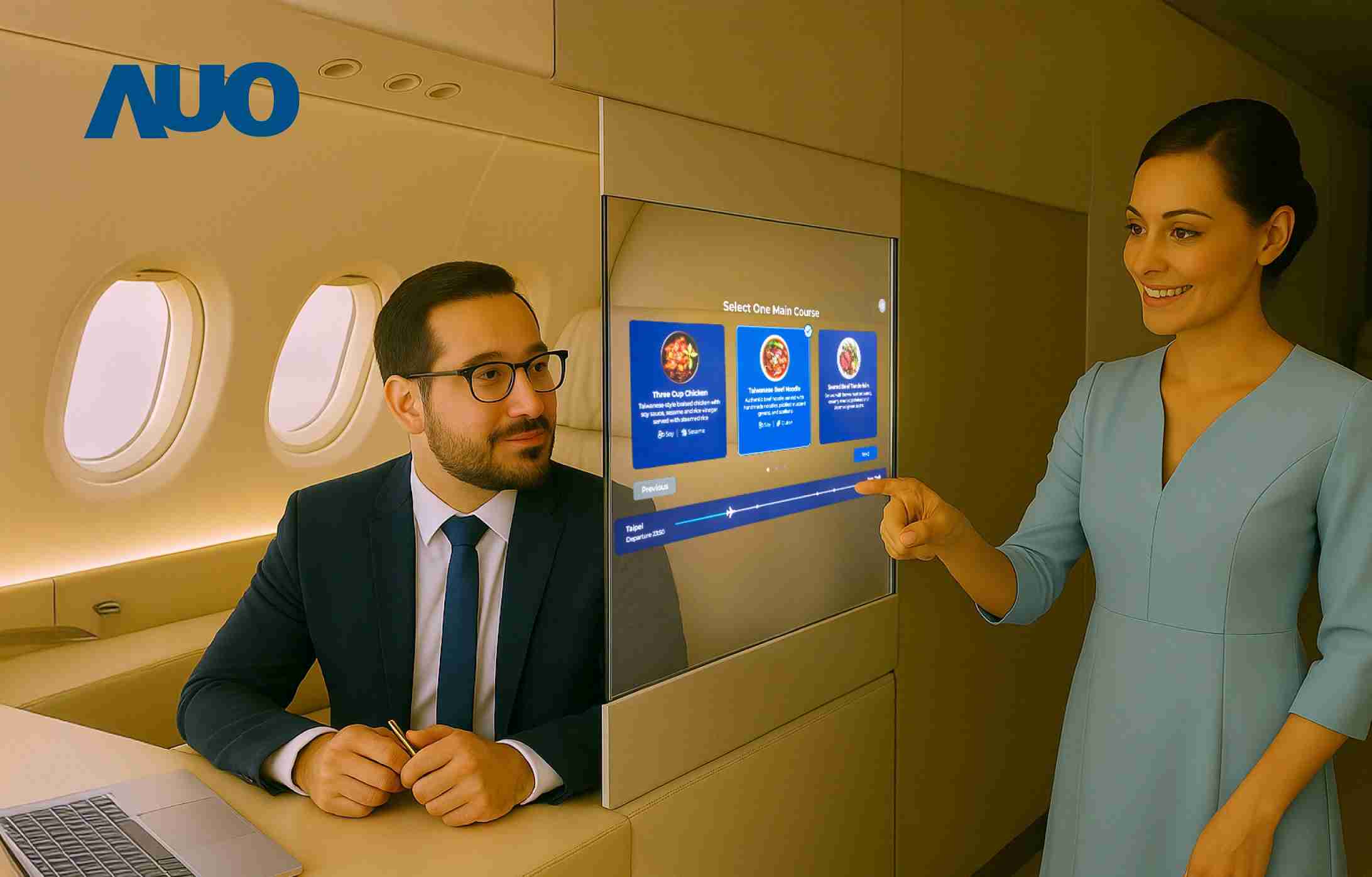 2121非凡研发全球最薄17.3 吋双面透明 Micro LED 显示器，，可在同一屏幕之双边投射不同信息，，创造独特的”透明化”互动；图为实时翻译交流应用情境